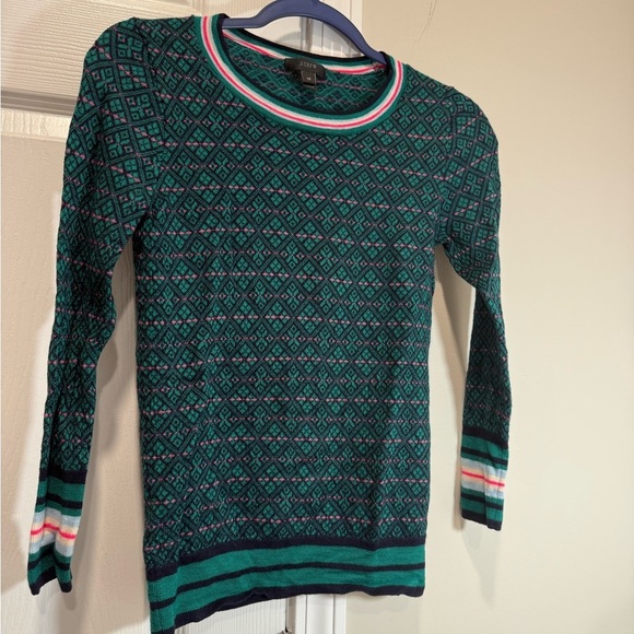 J. Crew Jacquard Knit Argyle Evergreen Merino Wool Sweater Size XS - Picture 1 of 8